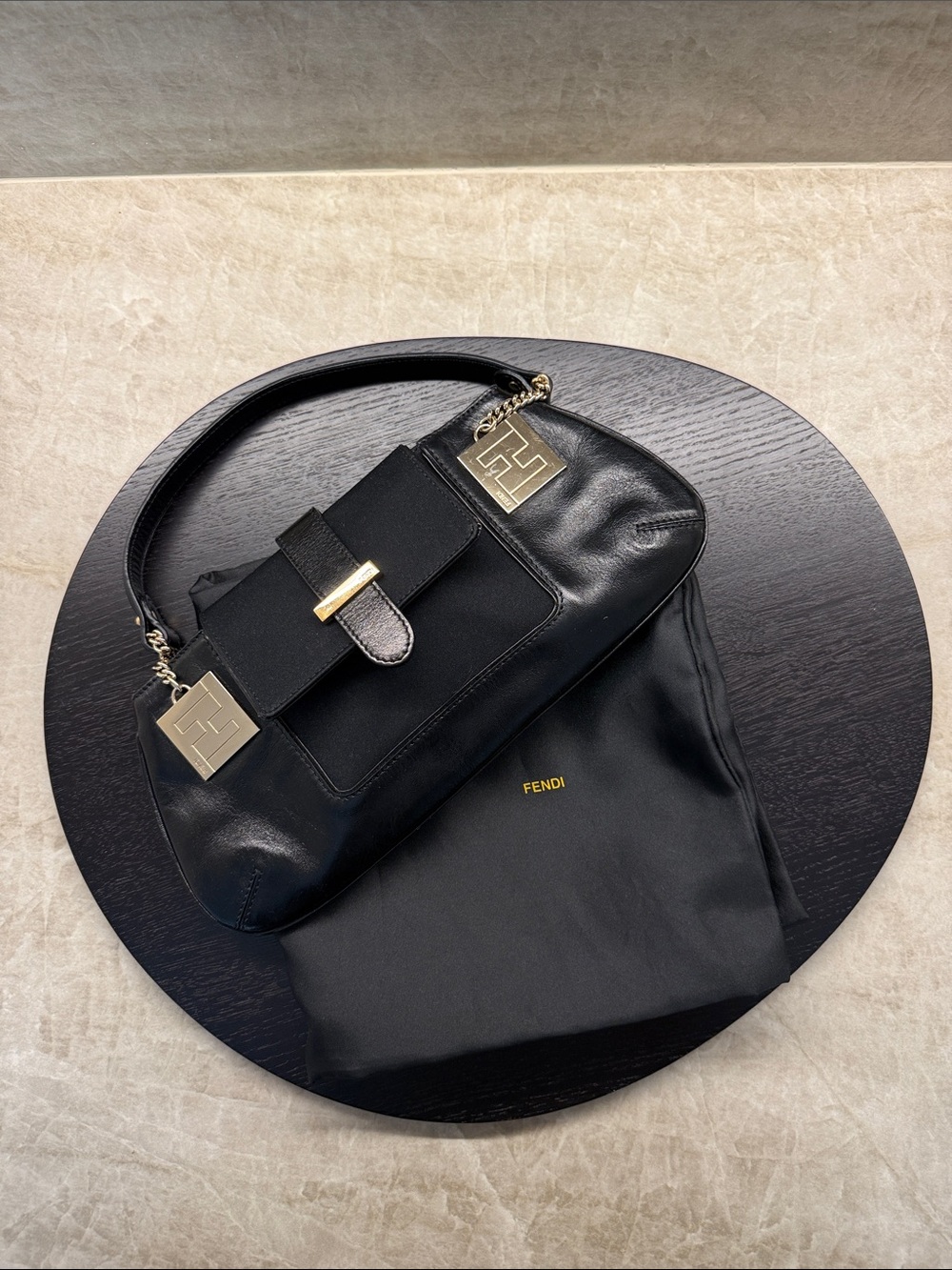 Fendi Black Leather Shoulder Bag with Gold-Tone Fendi Plaque
